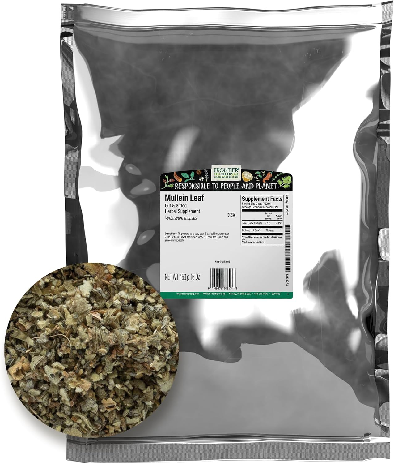 Frontier Co-op Mullein Leaf, Cut and Sifted - Dried Mullein Leaves, Ideal for Loose Leaf Tea, Tea Bags, Gummies, Extract, Capsules - Kosher | 16 Ounce (Pack of 1)