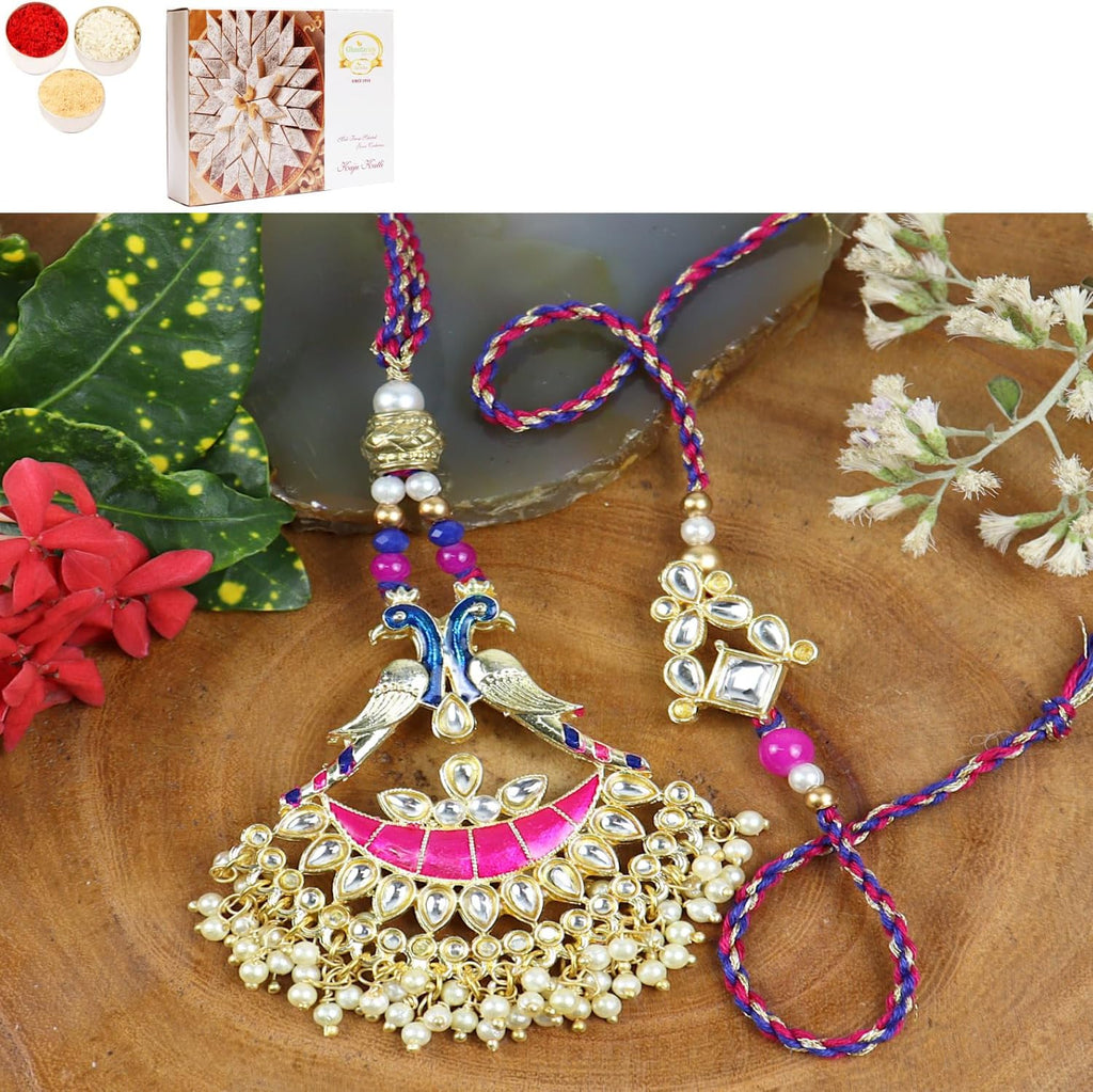 Ghasitaram Gifts Jaiccha Rakhi for Brother Rakhis Online LS24-045-Kundan Meenakari Bhaiya Bhabhi Rakhi with 400 gms of Kaju katli