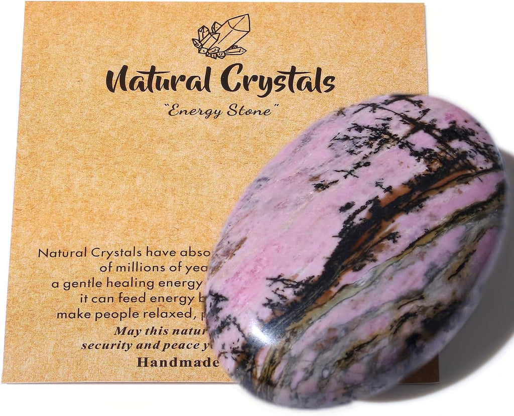 MAIBAOTA 2.4" Large Rhodonite Crystal Stone Polished Palm Stone Healing Crystals 0.7" Thick Natural Reiki Gemstone Worry Stone Energy Balancing Anxiety Stress Relief Meditation 1 Pc