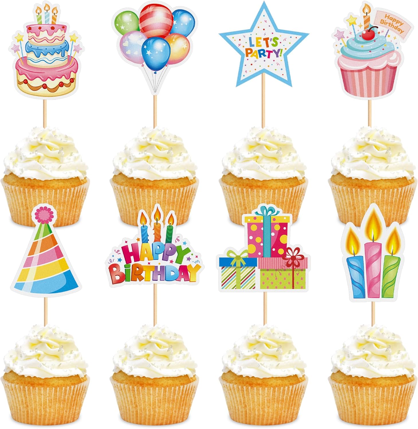 24pcs Happy Birthday Cupcake Toppers Colorful Birthday Cupcake Picks Baby Showe Kids' Birthday Party Decorations