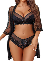 Avidlove Women Sexy Lingerie Set 3 Piece Lace Kimono Robe with Bra and Panty Nightgown Sleepwear