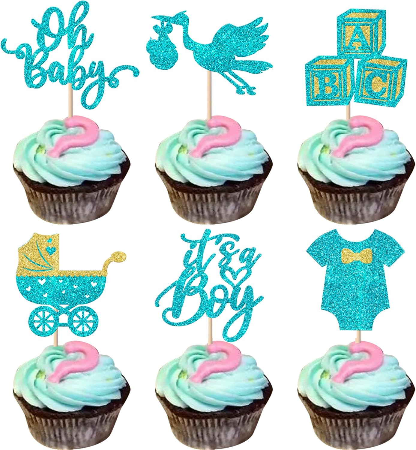 Rsstarxi 24 Pack It's a Boy Cupcake Toppers Oh Baby Shower Cupcake Toppers Baby Stroller Jumpsuit Cupcake Picks for Gender Reveal Baby Shower Boy Birthday Party Cake Decorations Blue