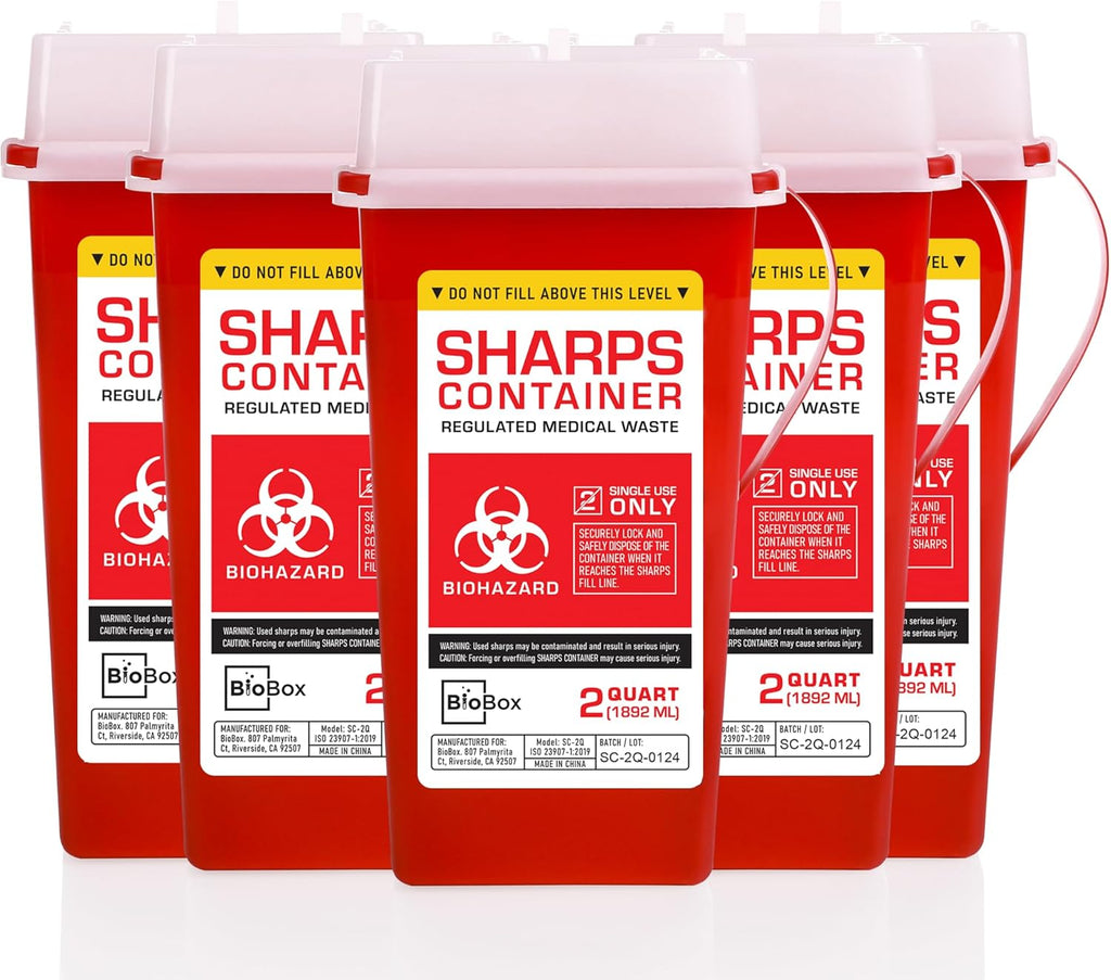 Sharps Container Small - Sharps Containers for Home Use and Labs - Portable Needle Disposal and Travel Size Biohazard Bin - 2 Quart (Pack of 5)