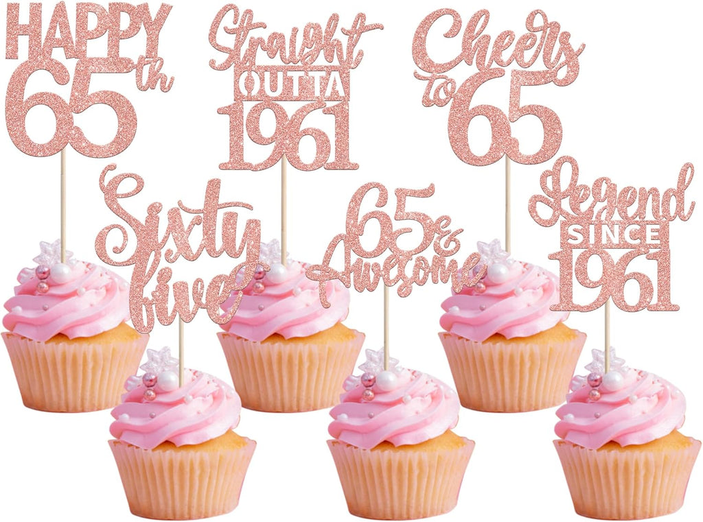 24PCS Rose Gold Happy 65th Birthday Cupcake Toppers Sixty Five Straight Outta 1961 Cupcake Picks Cheers to 65 Lengend Since 1961 Cake Decorations for 65th Birthday Anniversary Party Cake Decorations