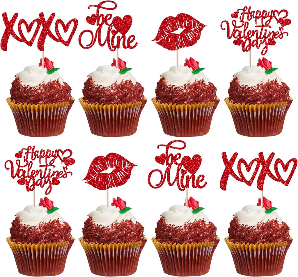24 Pack Happy Valentine's Day Cupcake Toppers Glitter Be Mine Love Valentine's Day Cupcake Picks Lip Love You Valentine's Day Theme Wedding Birthday Party Cake Decorations Supplies Red