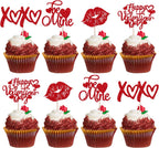 24 Pack Happy Valentine's Day Cupcake Toppers Glitter Be Mine Love Valentine's Day Cupcake Picks Lip Love You Valentine's Day Theme Wedding Birthday Party Cake Decorations Supplies Red