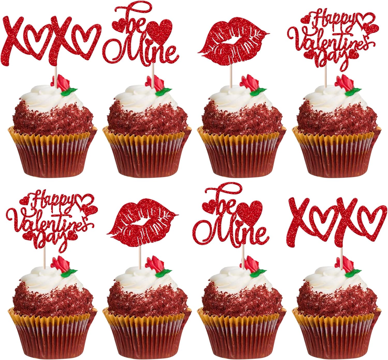 24 Pack Happy Valentine's Day Cupcake Toppers Glitter Be Mine Love Valentine's Day Cupcake Picks Lip Love You Valentine's Day Theme Wedding Birthday Party Cake Decorations Supplies Red