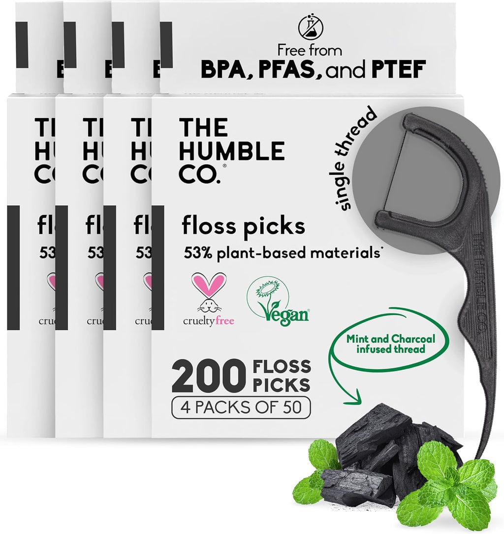 The Humble Co Dental Floss Picks for Teeth, 200 Count (Charcoal) - Single Thread Tooth Picks Flossers for Adults Gum Health - Plant-Based Toothpick Floss for Interdental Oral Care & Hygiene