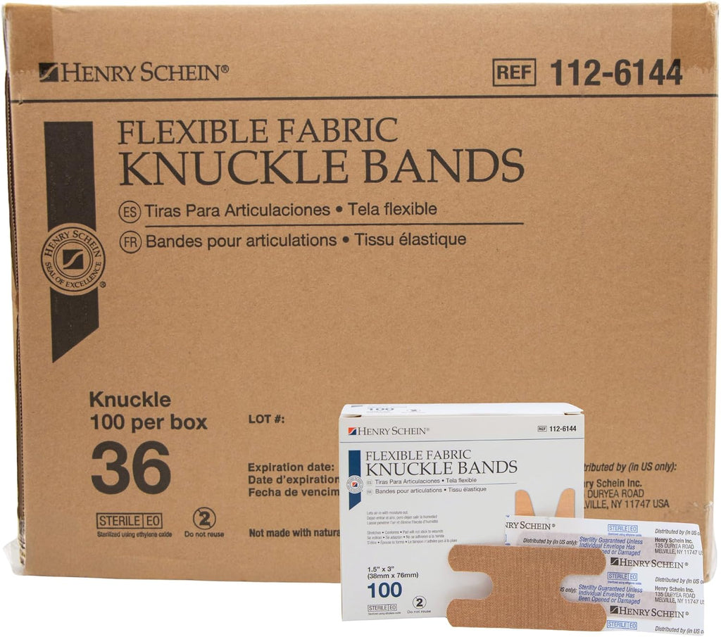 Henry Schein Fabric Knuckle Flexible Adhesive Bandages – 100 Count (36 Pack) Bandages with Non-Stick Pad, Latex Free, Wound Care for First Aid Kit, 1.5” x 3"