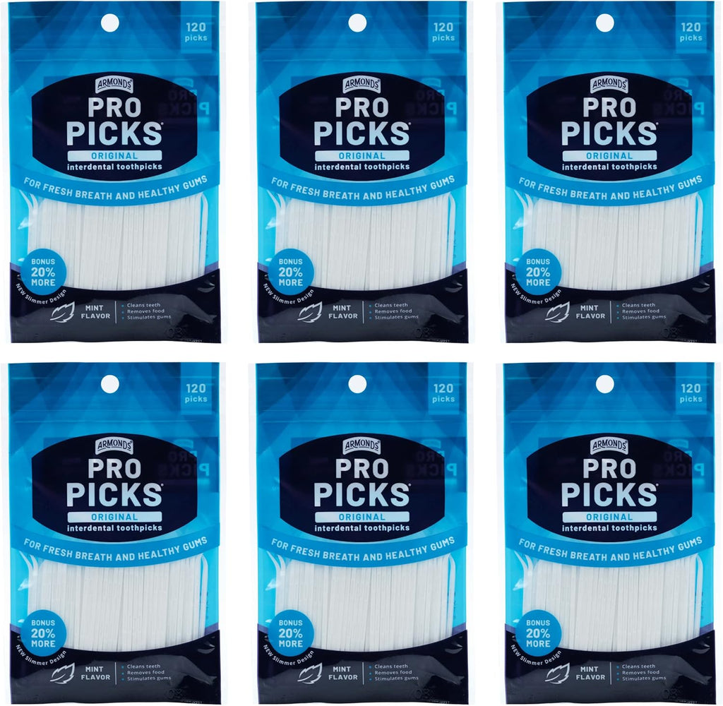 ProPicks Original Dental Picks for Teeth Cleaning - Disposable Plastic Toothpicks for Teeth & Gums - Cleans Teeth & Massages Gums - Fresh Mint Flavor - 6 Packages x 120 Interdental Tooth Picks