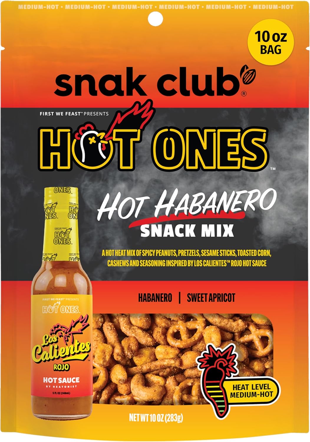 Snak Club x Hot Ones Hot Habanero Snack Mix, Spicy Snacks with Peanuts, Pretzels, Sesame Sticks, Toasted Corn & Cashews, Inspired by Hot Ones Hot Sauce, 10 oz Bag