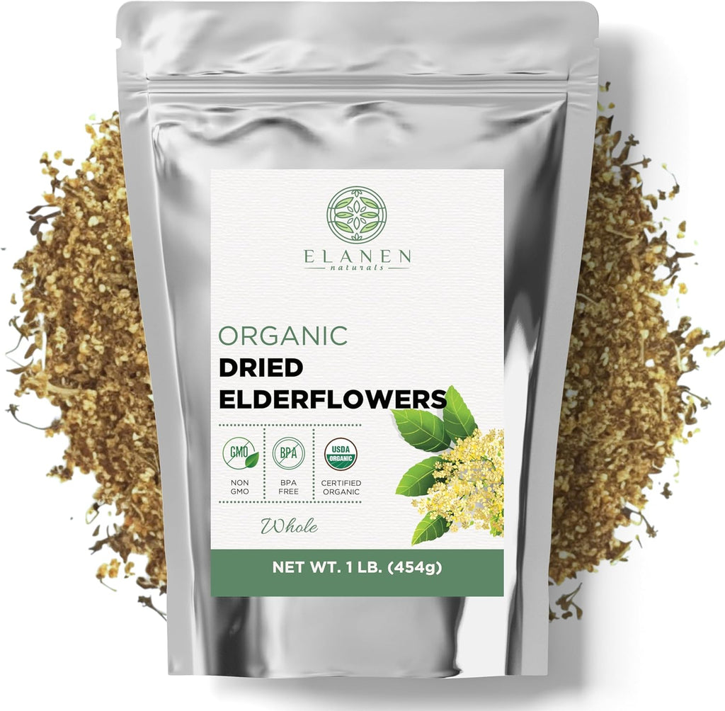 Elanen Naturals Organic Dried Elderflowers 16 oz. (1 lb.), USDA Certified Organic Elder Flower Tea, Flor De Sauco, Whole