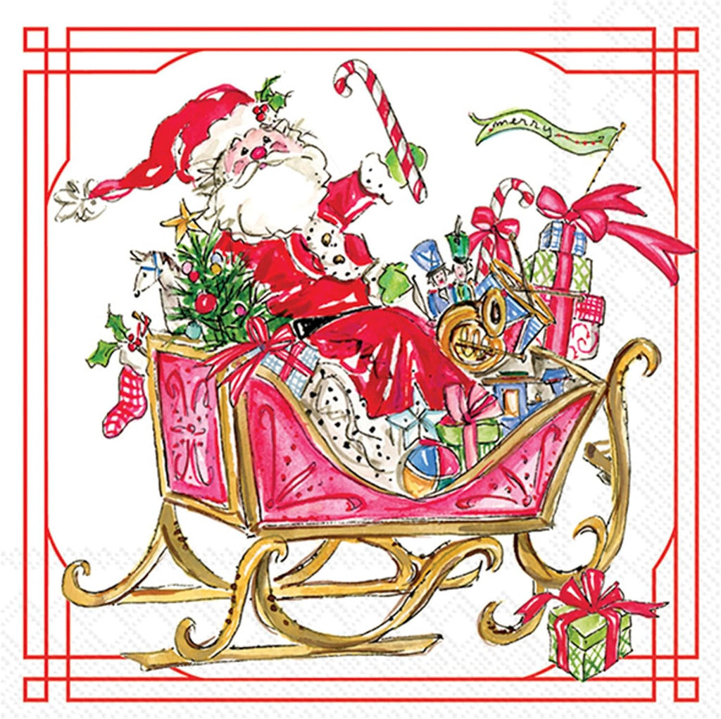 IHR Ideal Home Range Christmas Napkins Rosanne Beck - Disposable 3-Ply Paper Party Napkin Pack, Lunch Size 6.5" x 6.5", Santa Sleigh With Presents, 20-Count