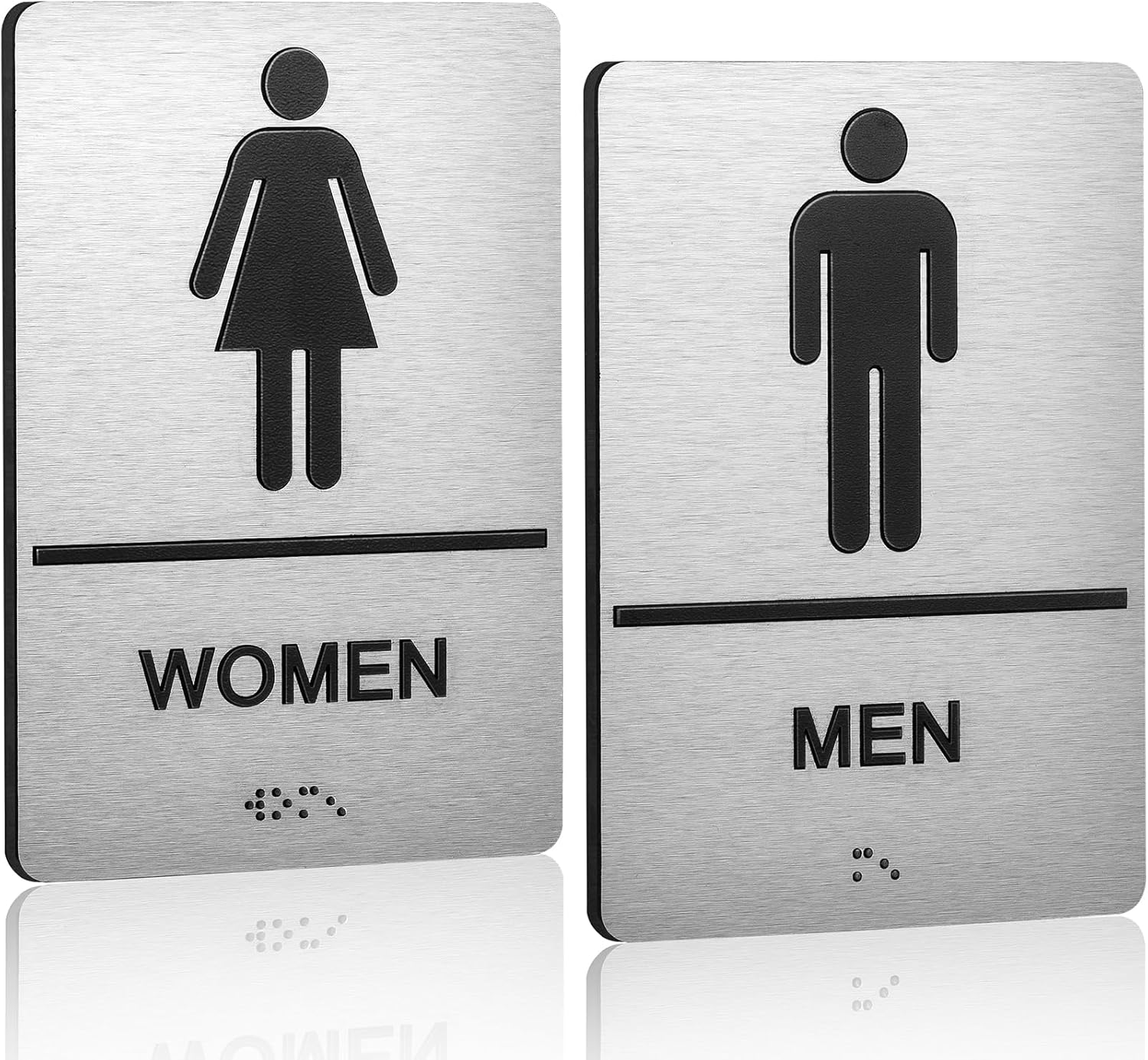 Bathroom Signs, Men's & Women's Restroom Signs for Business, Brushed Aluminum ADA Raised Braille Restroom & Bathroom Door Sign with Strong Self-Adhesive, Silver Size 9'' X 6 '' （2 Pieces Set）