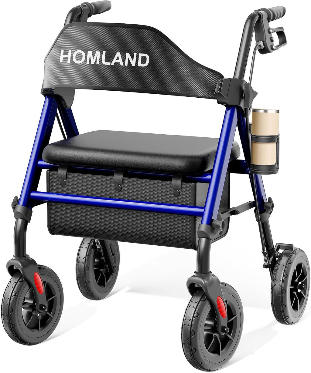 HOMLAND Walkers for Seniors with Seat, Foldable Rollator Walker, Reinforced Aluminum Frame, 8" Big Rubber Wheels for All Terrain, Height Adjustable Lightweight Rolling Walker, Dark Blue