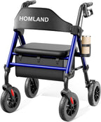 HOMLAND Walkers for Seniors with Seat, Foldable Rollator Walker, Reinforced Aluminum Frame, 8" Big Rubber Wheels for All Terrain, Height Adjustable Lightweight Rolling Walker, Dark Blue