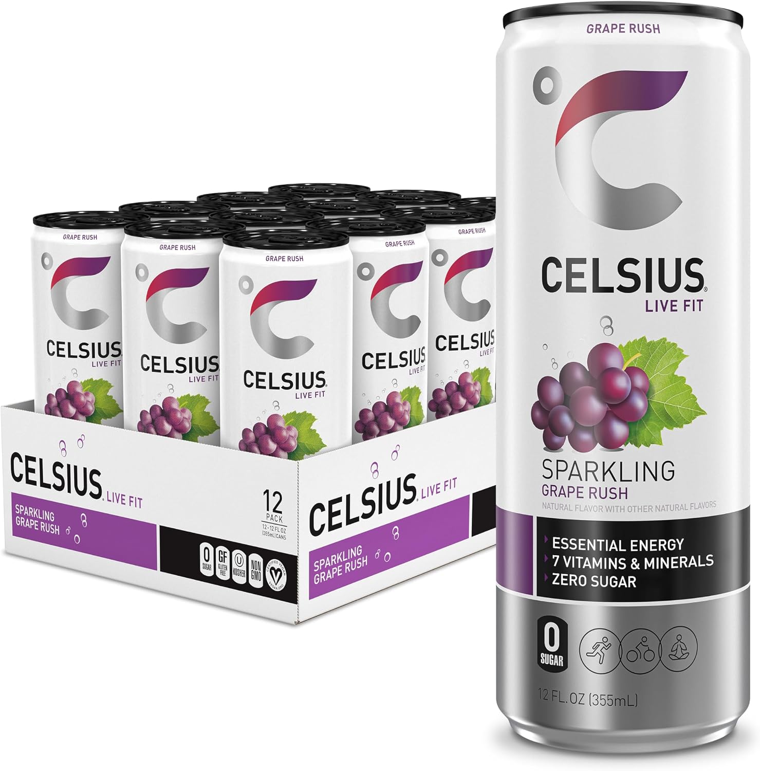 CELSIUS Sparkling Grape Rush, Sugar Free Energy Drink, 12 Fl Oz (Pack of 12)