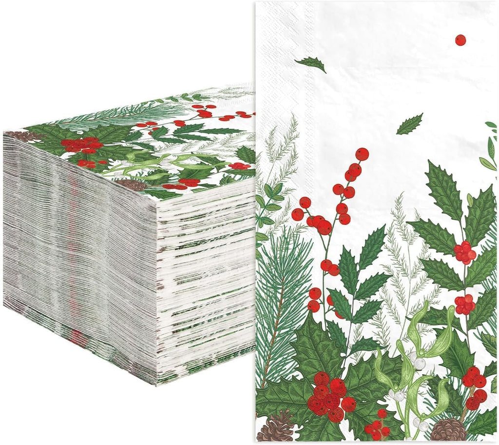 100 Pcs Winter Plant Napkins Disposable Absorbent 3 Ply Holly Berry Greenery Guest Napkins Berries and Pine Napkin for Winter New Year Holiday Lunch Dinner Kitchen Supplies