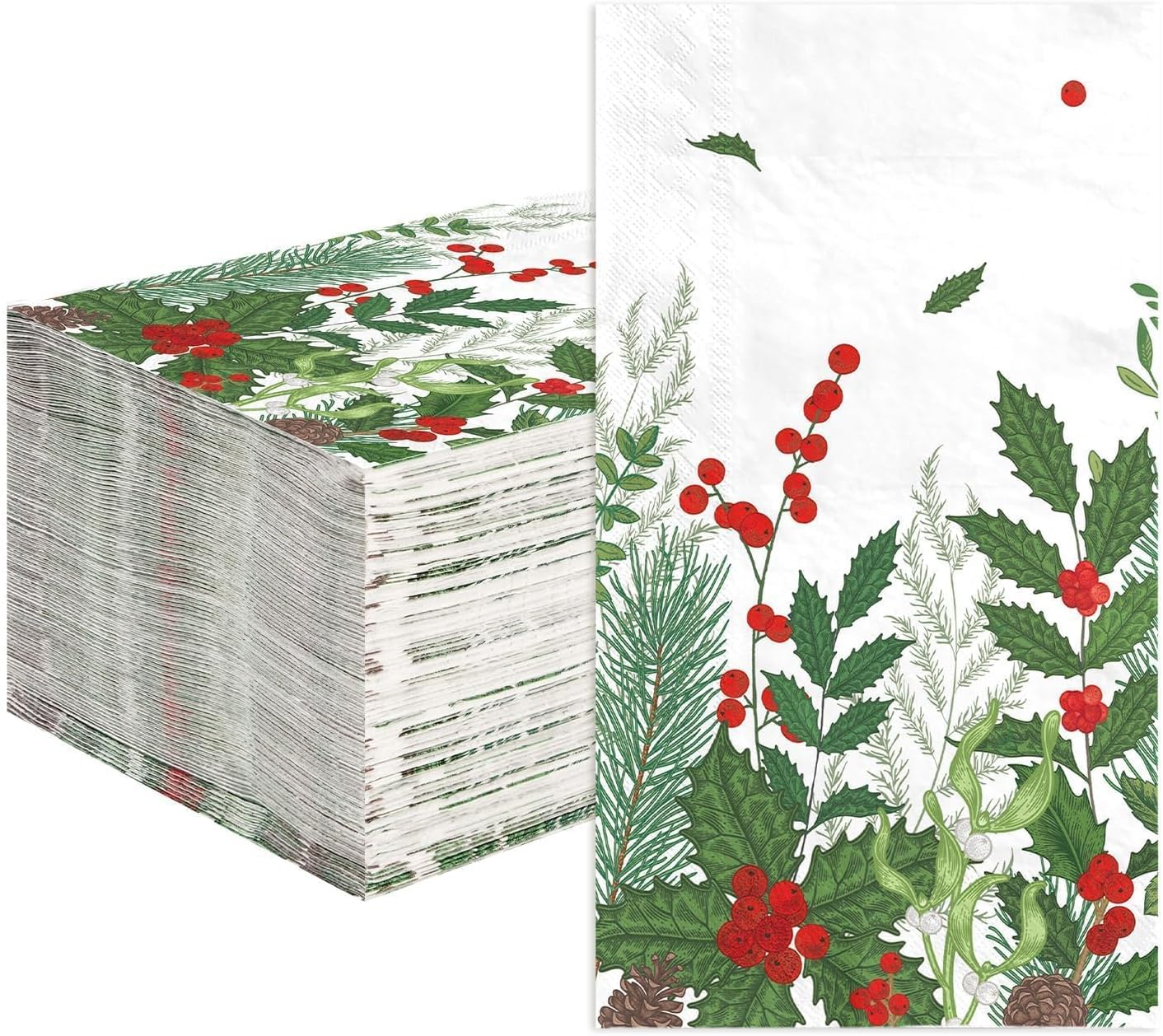 100 Pcs Winter Plant Napkins Disposable Absorbent 3 Ply Holly Berry Greenery Guest Napkins Berries and Pine Napkin for Winter New Year Holiday Lunch Dinner Kitchen Supplies