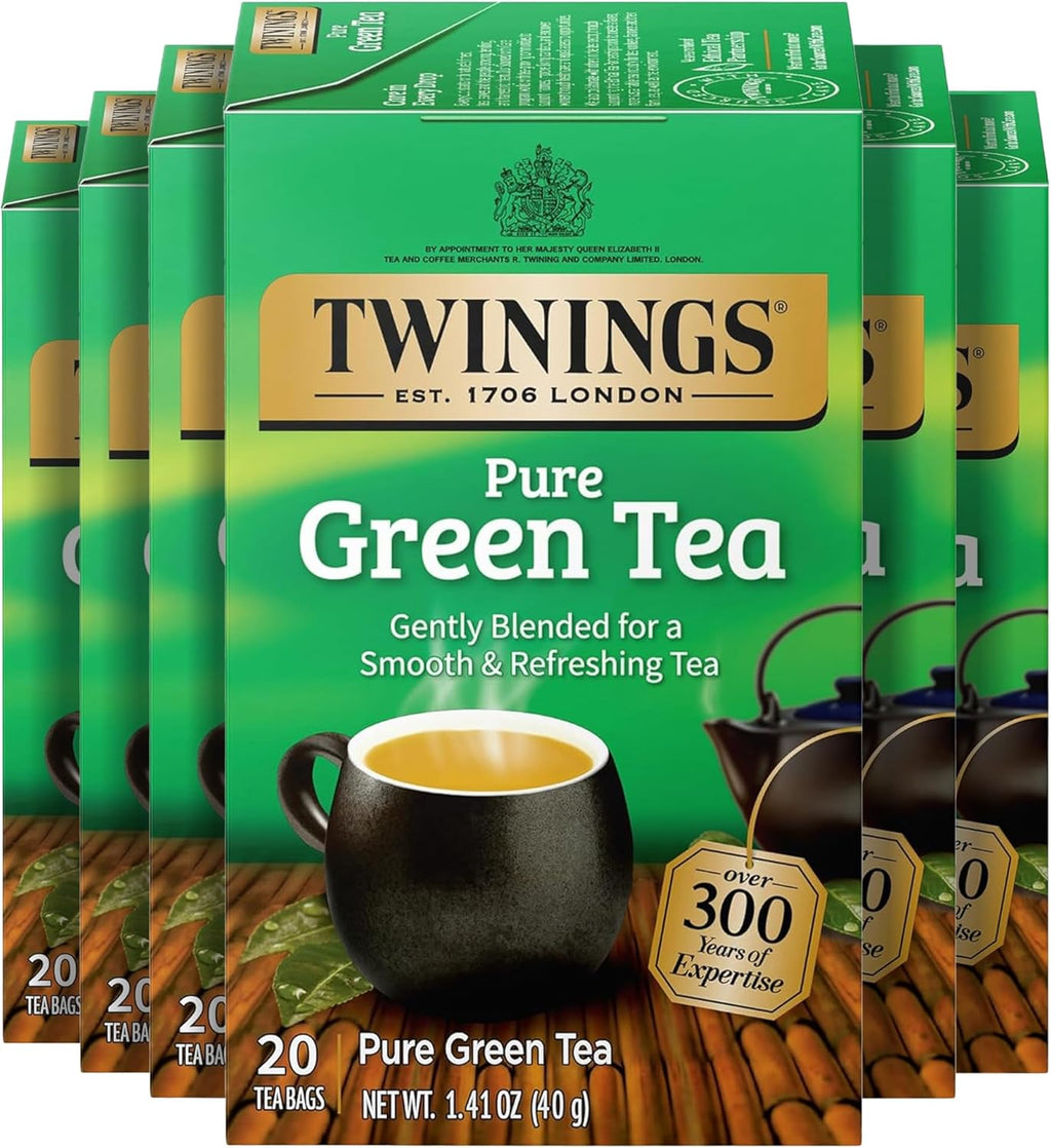 Twinings Pure Green Tea Individually Wrapped Bags, 20 Count (Pack of 6), Smooth Flavour, Enticing Aroma, Caffeinated, Enjoy Hot or Iced, 120 Teabags