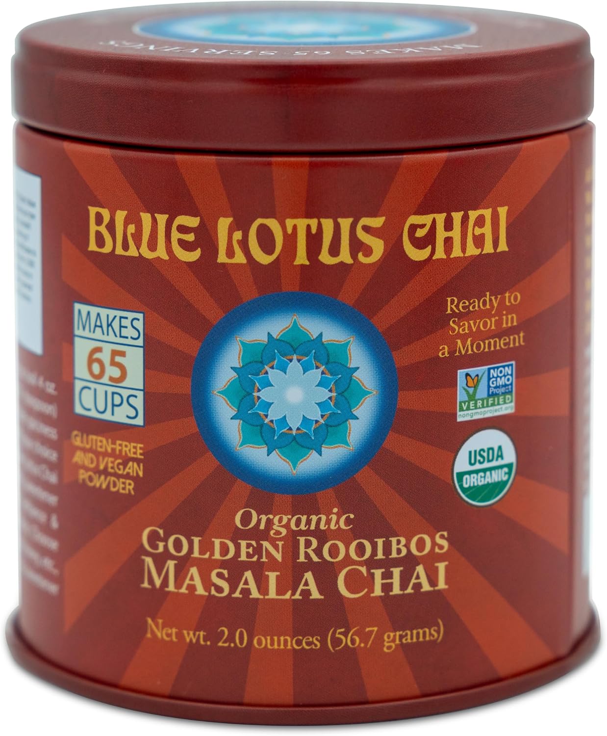 Blue Lotus Chai - Golden Rooibos Flavor Masala Chai - Makes 65 Cups - 2 Ounce Masala Spiced Chai Powder with Organic Spices - Instant Indian Tea No Steeping - No Gluten