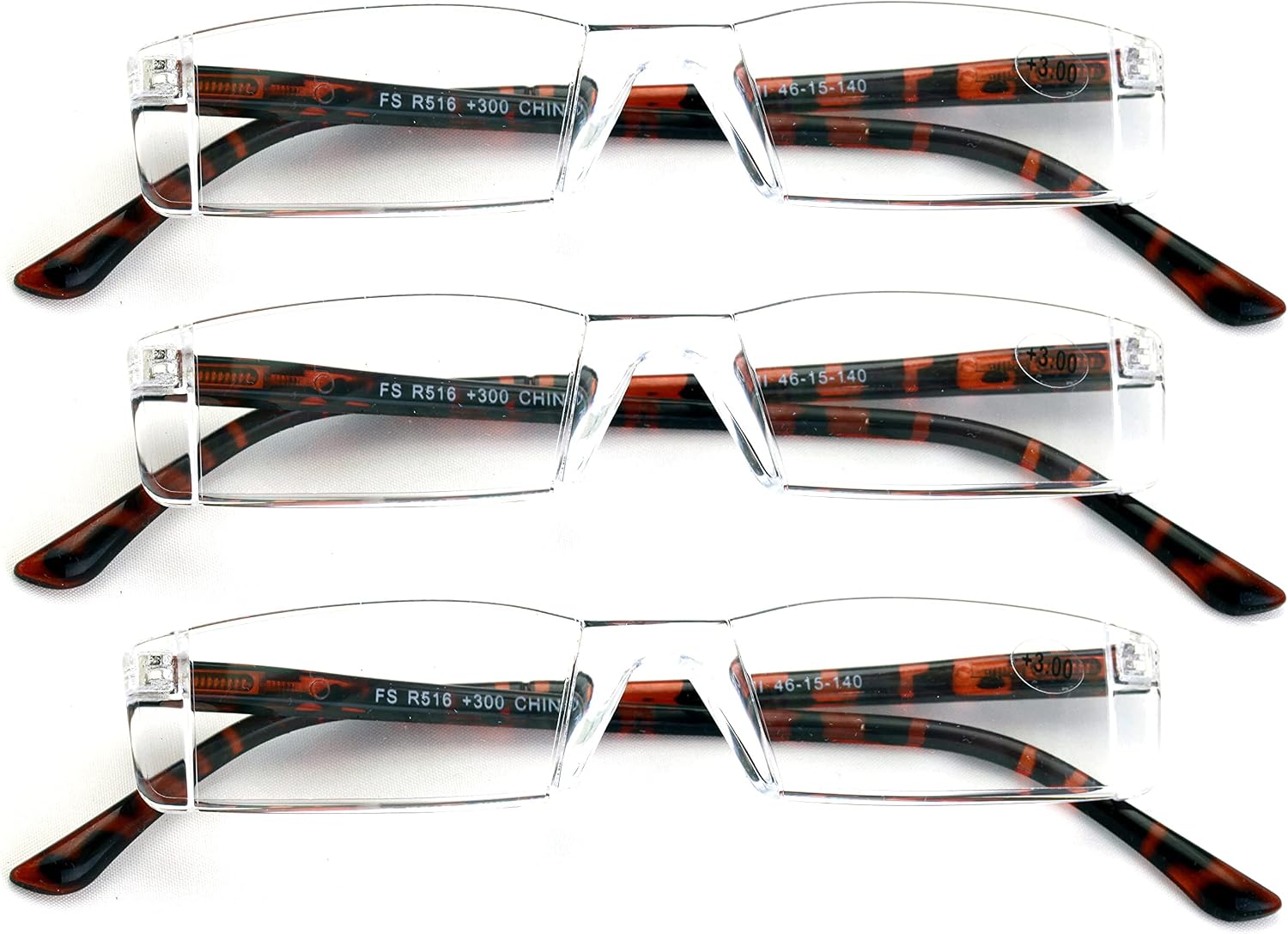 3 Pairs Lightweight Rectangular Unisex Readers with Spring Hinge - Small Slim Reading Glasses