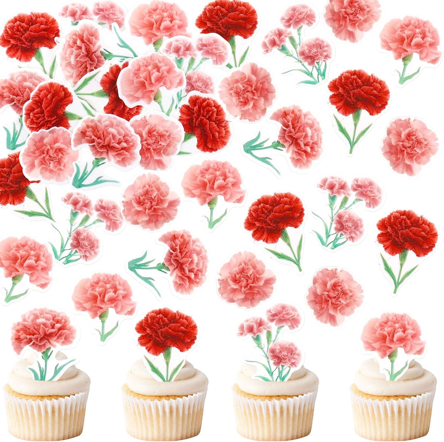 50Pcs Edible Carnation Cupcake Toppers Edible Pink Red Carnations Flower Cupcake Picks for Floral Women Birthday Cupcake Picks Anniversary Party Decorations Floral Mother's Day Cupcake Decorations