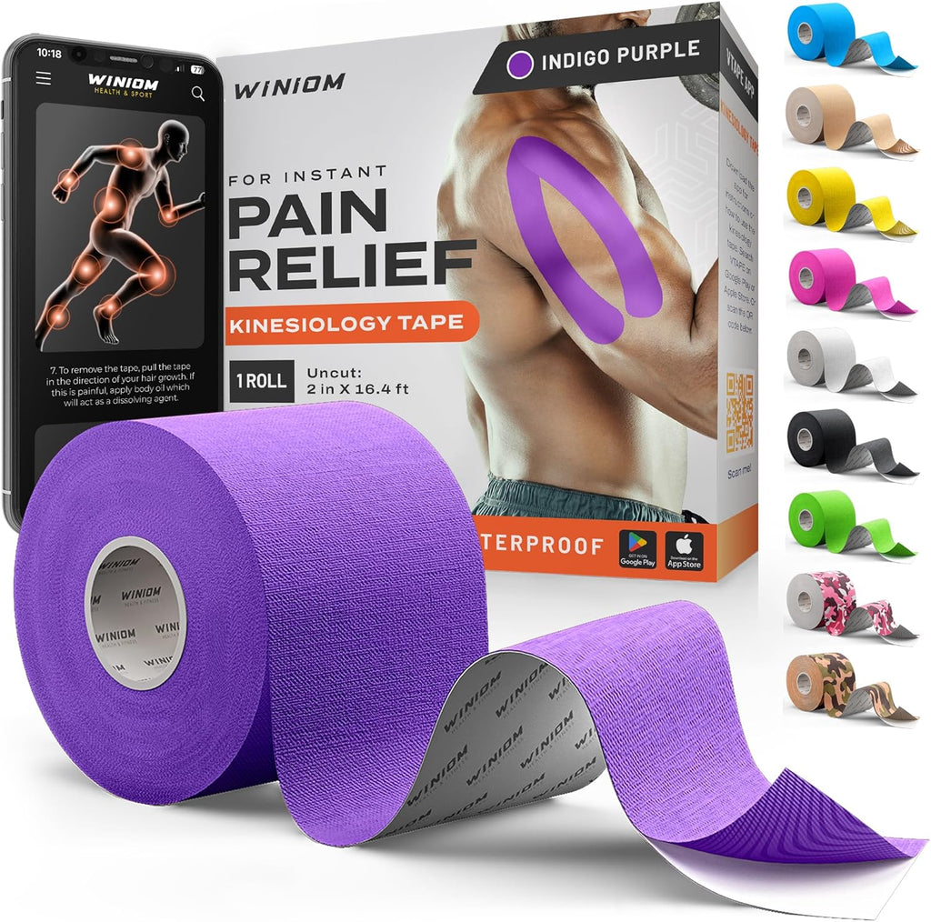 Kinesiology Tape - Waterproof Athletic Sports Tape for Knee, Shoulder, Arm & Back Support | 3-5 Day Adhesion, Hypoallergenic & Latex-Free + Taping Guide (Uncut, 2"x16.4ft Roll, Indigo Purple)