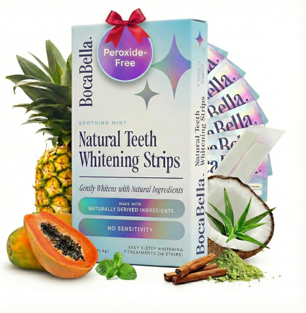 BocaBella Natural Teeth Whitening Strips - 100% Sensitivity-Free, Whitens 8 Shades in 14 Days, Peroxide-Free, Enamel-Safe, Papaya & Pineapple Enzymes, Aloe & Coconut Oil, 7 Treatments (14 Strips)