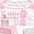 Pink Bow Baby Shower Decorations for Girl,Pink Bow Birthday Party Supplies Include Bow Plate,Napkin,Banner,Cake Topper,Balloons Welcome Baby Girl Decorations for Coquette Bow Party Serves 25