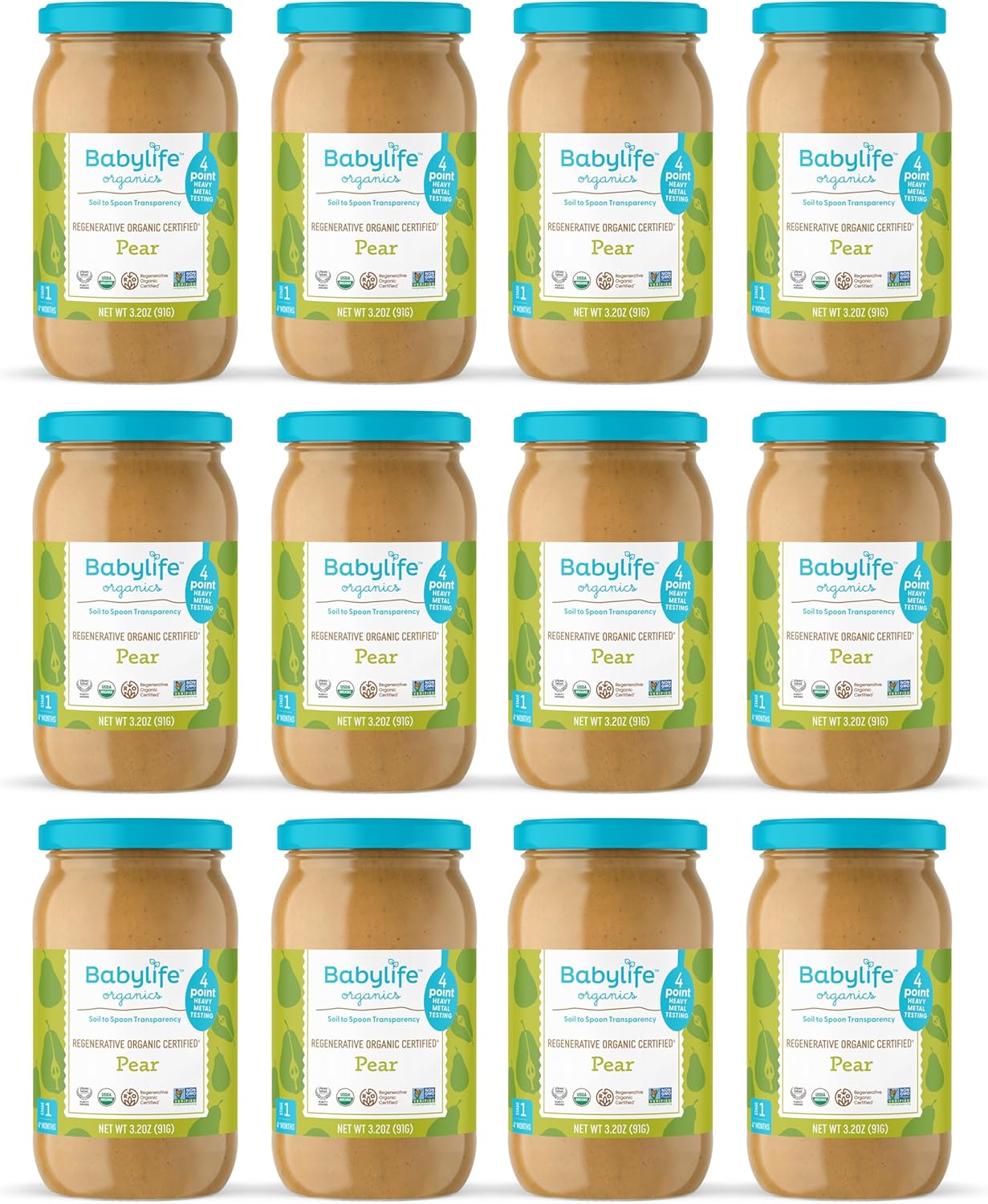 Babylife Organics Stage 1 - Pear, 3.2 Ounce Jar (12 Pack) - Heavy Metal Safe, Organic Baby Food