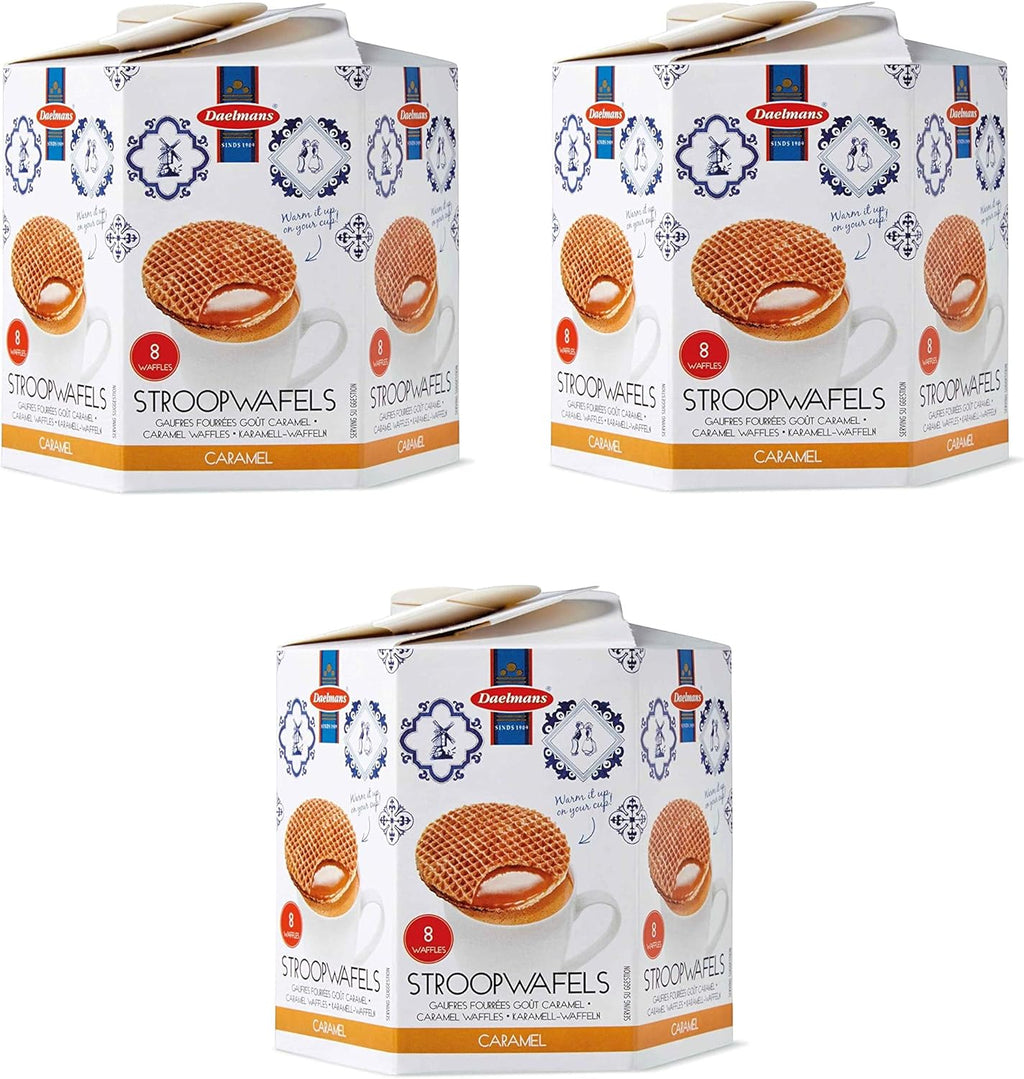 DAELMANS Stroopwafels, Dutch Waffles Soft Toasted, 3 Pack Assortment, Caramel, Kosher Dairy, Authentic Made In Holland, 8 Stroopwafels Per Box (3 Pack)