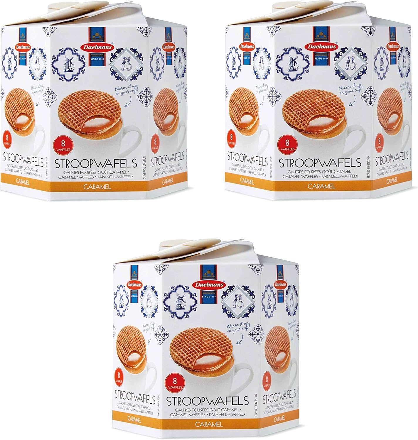 DAELMANS Stroopwafels, Dutch Waffles Soft Toasted, 3 Pack Assortment, Caramel, Kosher Dairy, Authentic Made In Holland, 8 Stroopwafels Per Box (3 Pack)