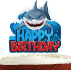Shark Cake Topper for Boys Girls Happy Birthday Baby Shower Shark Fin Ocean Theme Party Supplies Decoration Blue Glitter Under the Sea Shark Cake Decorations