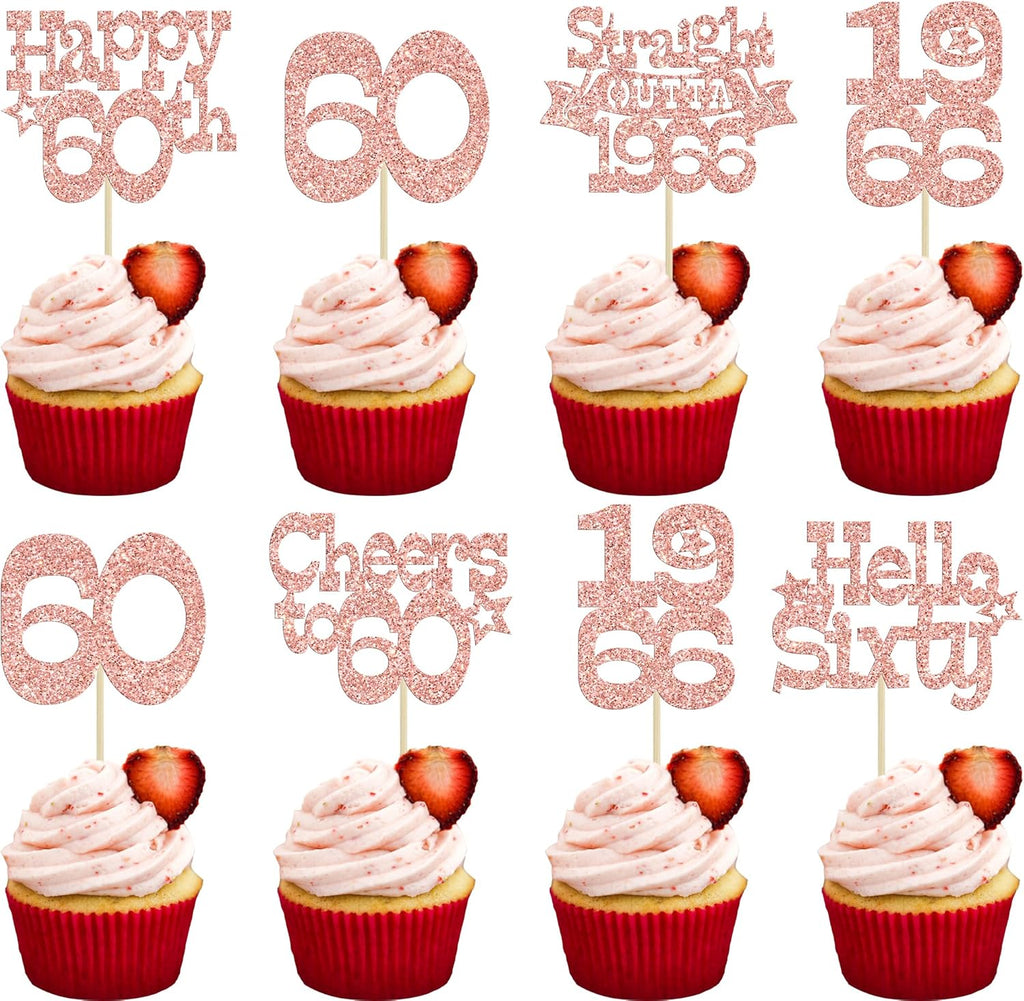 Ephlyn 30Pcs Happy 60th Birthday Cupcake Toppers Glitter Sixty Straight Outta 1966 Cupcake Picks Cheers to 60 Years Cake Decorations for Happy 60th Birthday Anniversary Party Supplies Rose Gold