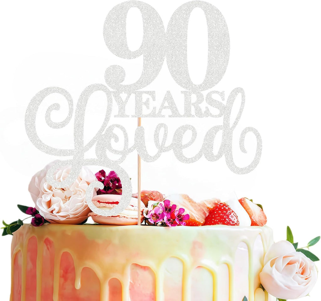 90 Years Loved Cake Topper - Silver Glitter 90th Birthday & Anniversary Cake Decoration for Women Men Party Supplies, Photo Booth Props