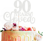 90 Years Loved Cake Topper - Silver Glitter 90th Birthday & Anniversary Cake Decoration for Women Men Party Supplies, Photo Booth Props