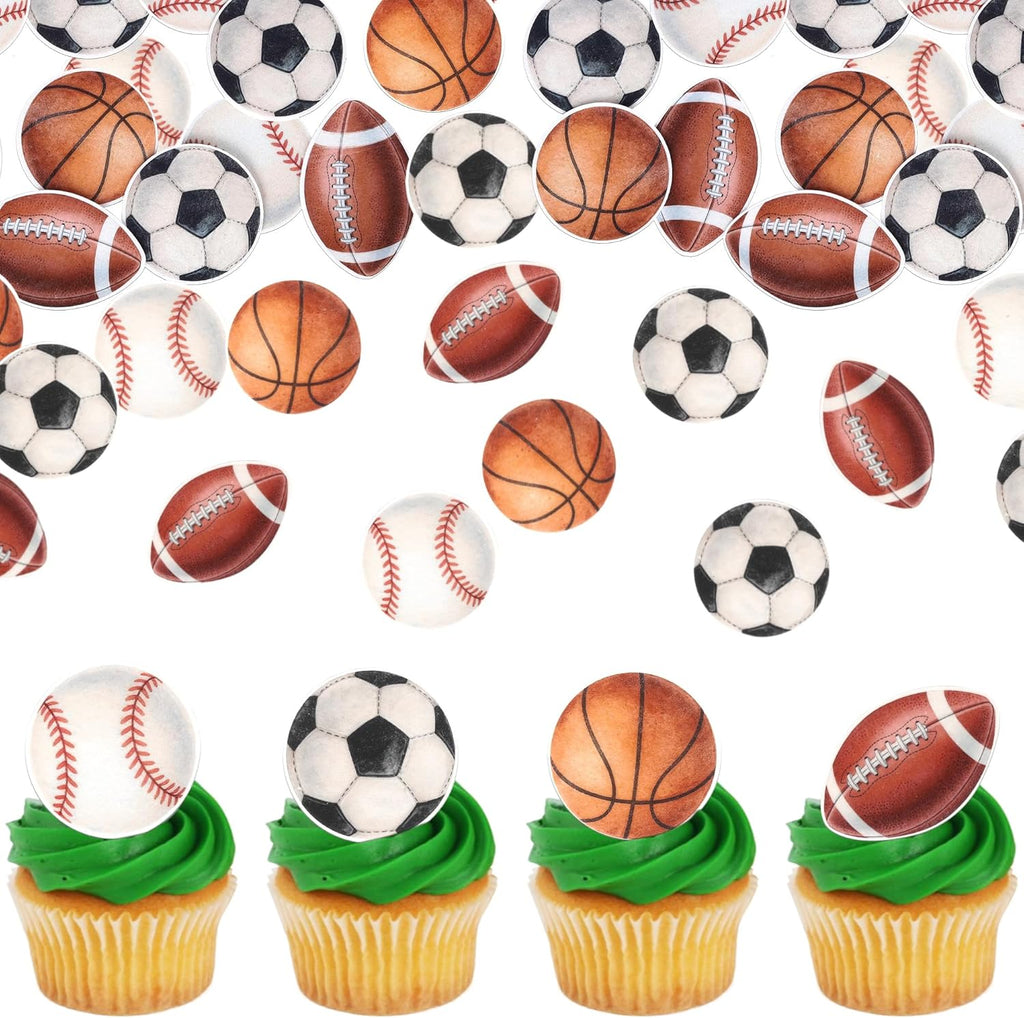 60 PCS Edible Sports Ball Cupcake Toppers Wafer Paper Football Baseball Cupcake Picks Rugby Basketball Soccer Cupcake Decorations for Sports Theme Baby Shower Birthday Party Cake Decorations Supplies