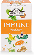 Ahmad Tea Herbal Tea, Lemon, Ginger, Turmeric, & Vitamin C 'Immune' Natural Benefits Teabags, 20 ct (Pack of 1) - Decaffeinated & Sugar-Free