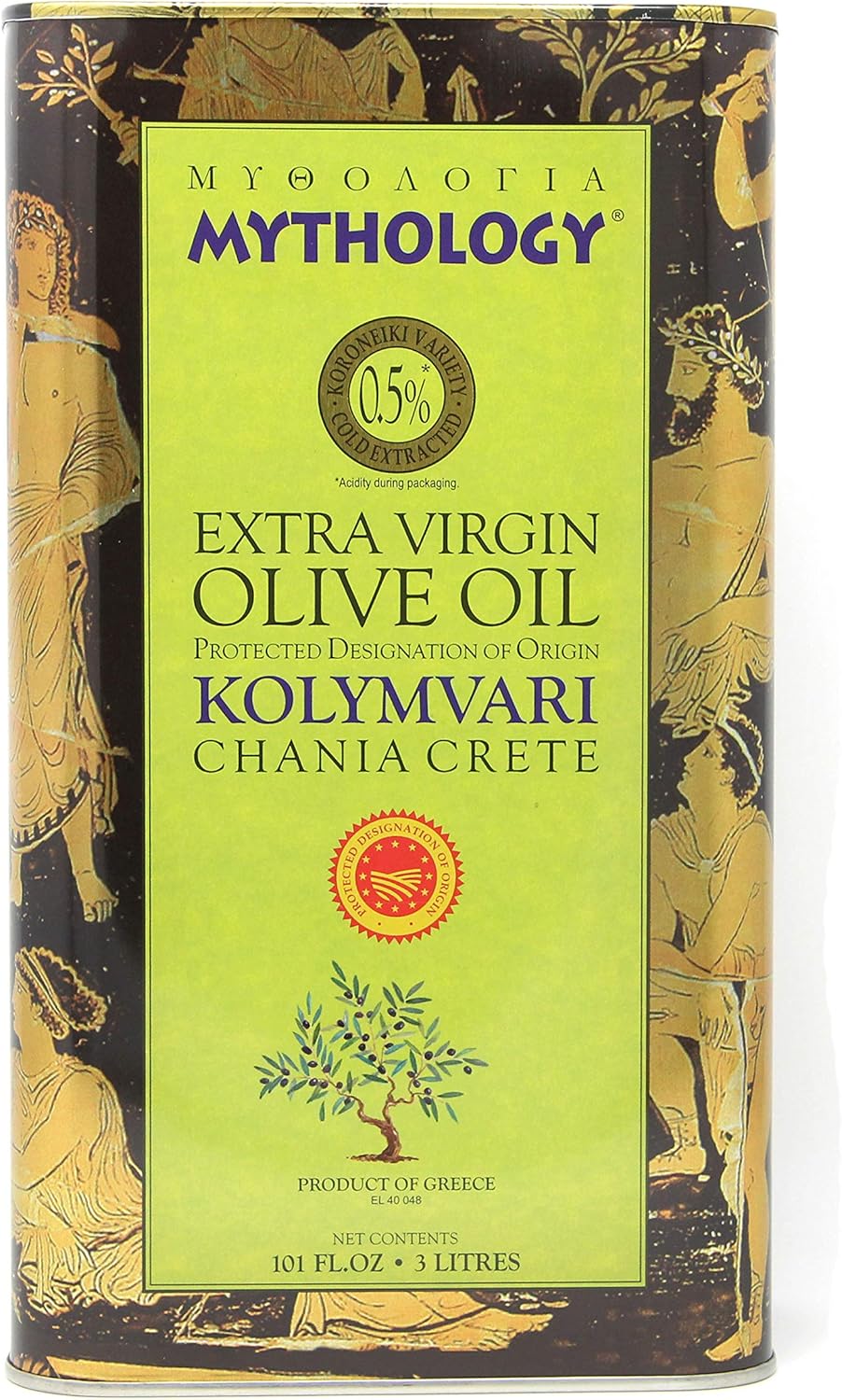 Mythology Greek Olive Oil From Greece, Cold Pressed Extra Virgin Olive Oil, Certified PDO Kolymvari Chania Crete, 3 Liter