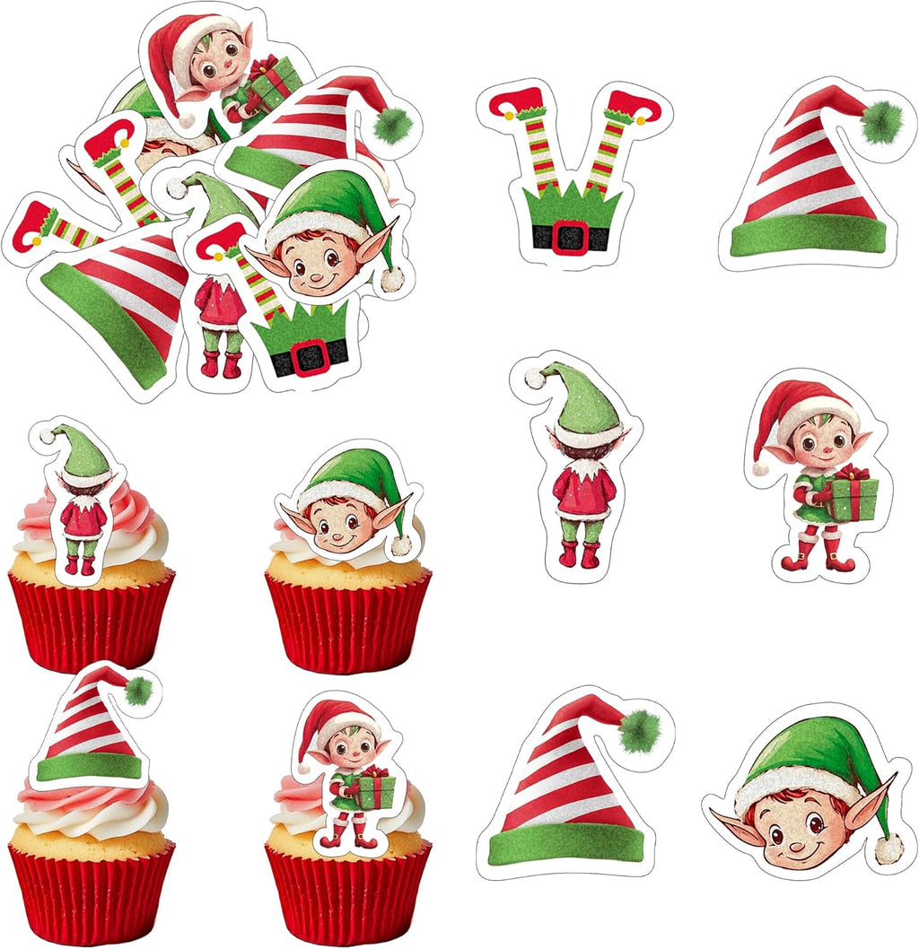 50 PCS Edible Christmas Elf Cupcake Toppers Edible Santa Hat Elf Legs Cupcake Picks Wafer Paper Merry Christmas Cake Decorations for Xmas Theme Baby Shower Kids Birthday Party Decorations Supplies