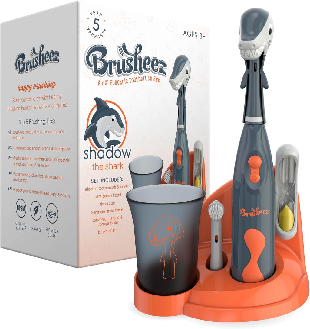 Brusheez Kids’ Electric Toothbrush Set - Safe & Effective for Ages 3+ - Parent Tested & Approved with Gentle Bristles, 2 Brush Heads, Rinse Cup, 2-Minute Timer, & Storage Base (Shadow the Shark)
