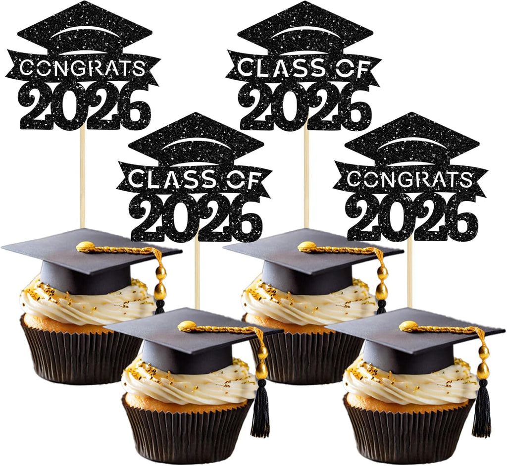 36Pcs Graduation Cap Cupcake Toppers Glitter Class of 2026 Congrats Grad Cap Cupcake Picks Graduation Theme Cake Decorations for 2026 Grad Party Supplies Black