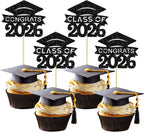 36Pcs Graduation Cap Cupcake Toppers Glitter Class of 2026 Congrats Grad Cap Cupcake Picks Graduation Theme Cake Decorations for 2026 Grad Party Supplies Black
