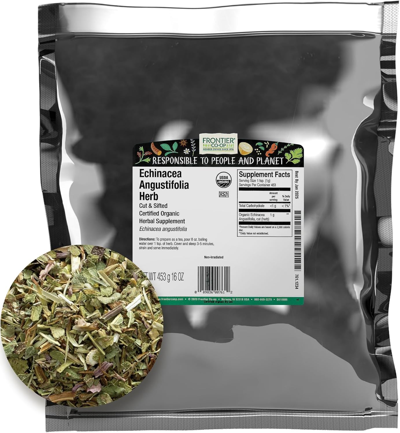 Frontier Co-op Organic Echinacea Angustifolia Herb, 1lb Bulk Bag - Cut and Sifted, Dried - Ideal for Echinacea Root Tea and Herbal Uses, Kosher