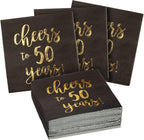 BLUE PANDA 50 Pack Cheers to 50 Years Printed Cocktail Napkins for 50th Birthday and Anniversary - 3-Ply Black & Gold Foil 50th Birthday Napkins