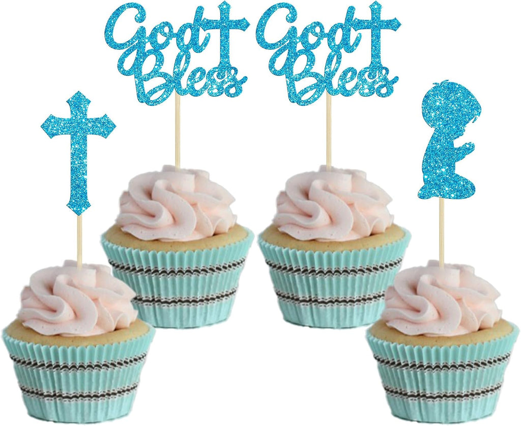 Gyufise 24Pcs Blue Glitter God Bless and Cross Cupcake Topper Boy Babyshower Cake Decorations for Babyshower Boy Baptism Party Decoration Supplies