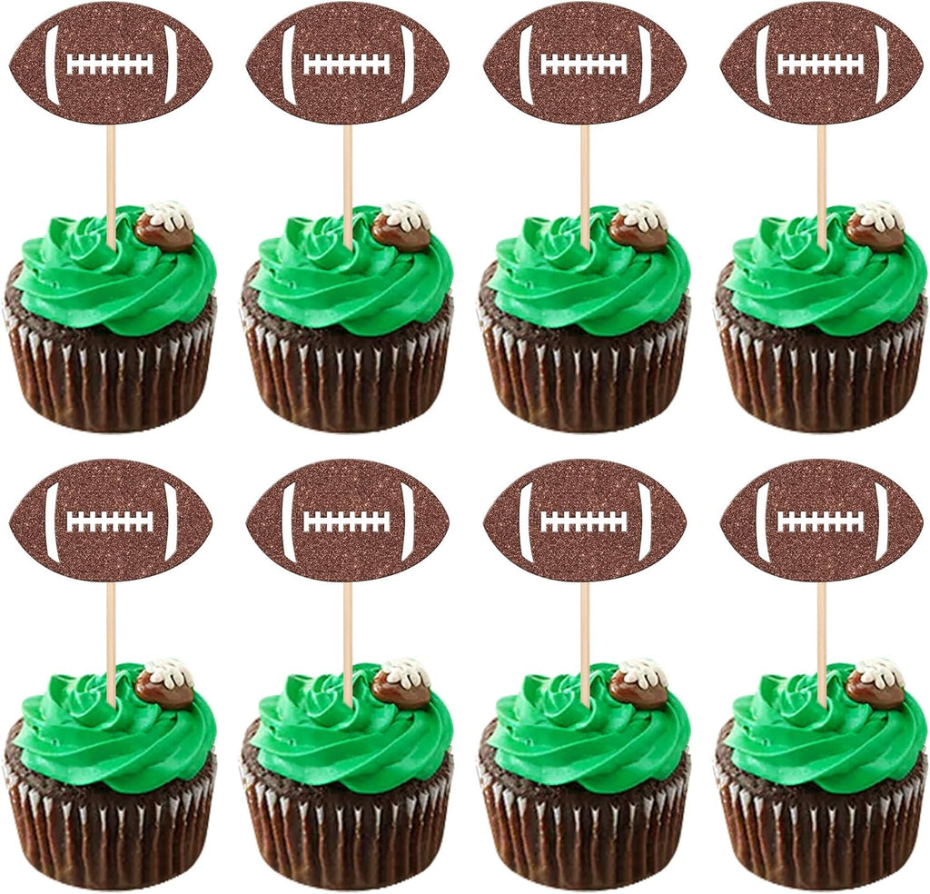 36 PCS American Football Cupcake Toppers - Brown Glitter Rugby Ball Picks and Player Decorations for Football Theme Baby Shower, Kids Birthday Party Cake Supplies
