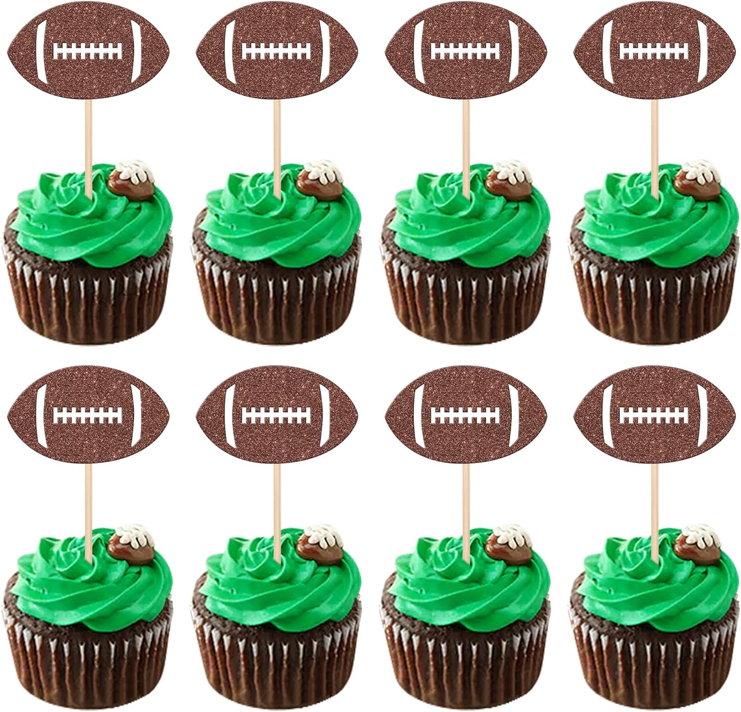 36 PCS American Football Cupcake Toppers - Brown Glitter Rugby Ball Picks and Player Decorations for Football Theme Baby Shower, Kids Birthday Party Cake Supplies