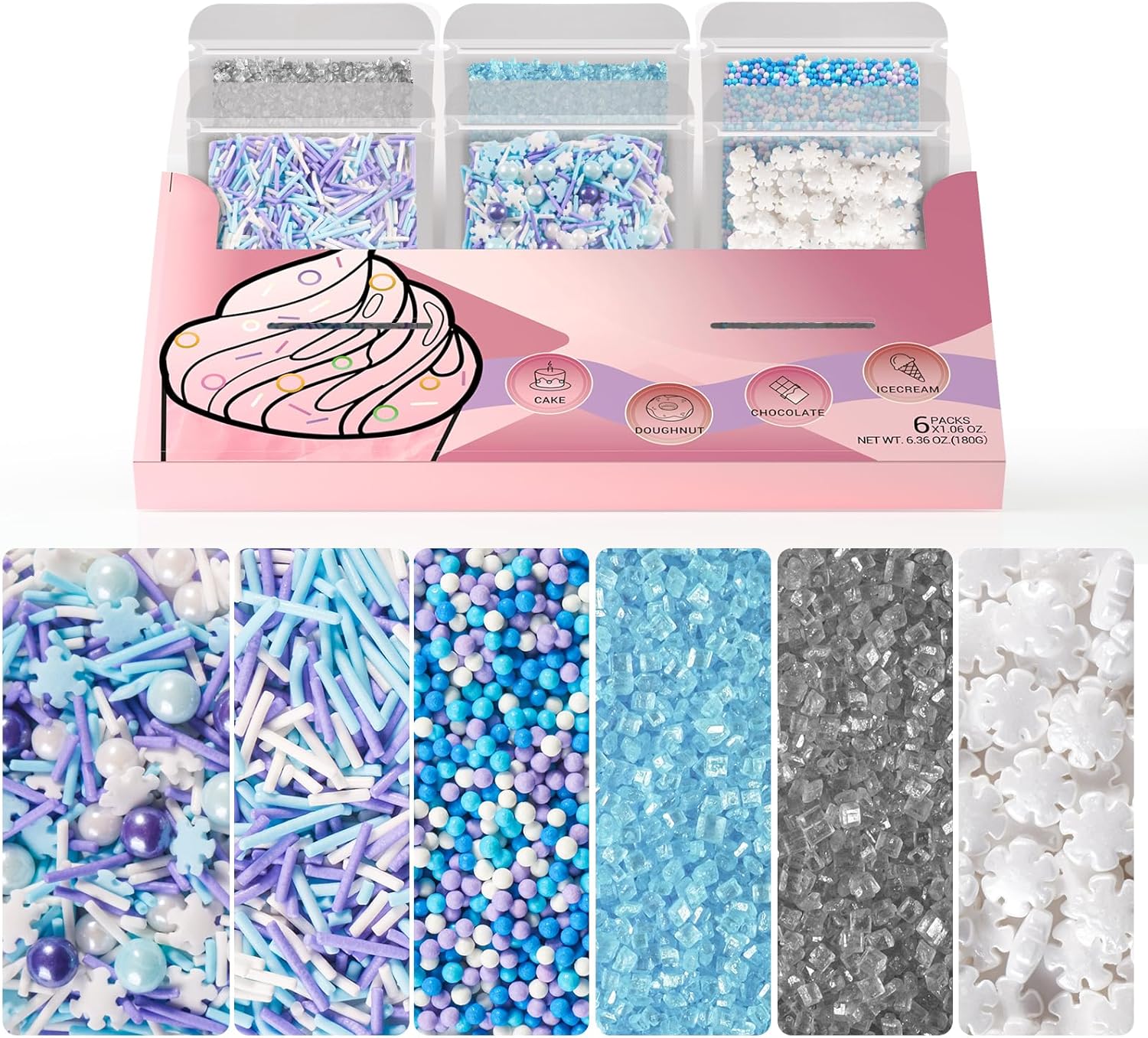 HUEBEATY® 6-in-1 Frozen Snowflakes Sprinkles for Cake Decorating- 180g Winter Cake Sprinkles with Jimmies, Nonpareils, Blue & Silver Sugar, Edible Frozen Cake, Cupcake Toppers & Birthday Decorations for Cakes, Cupcakes, Cookies & Icecream